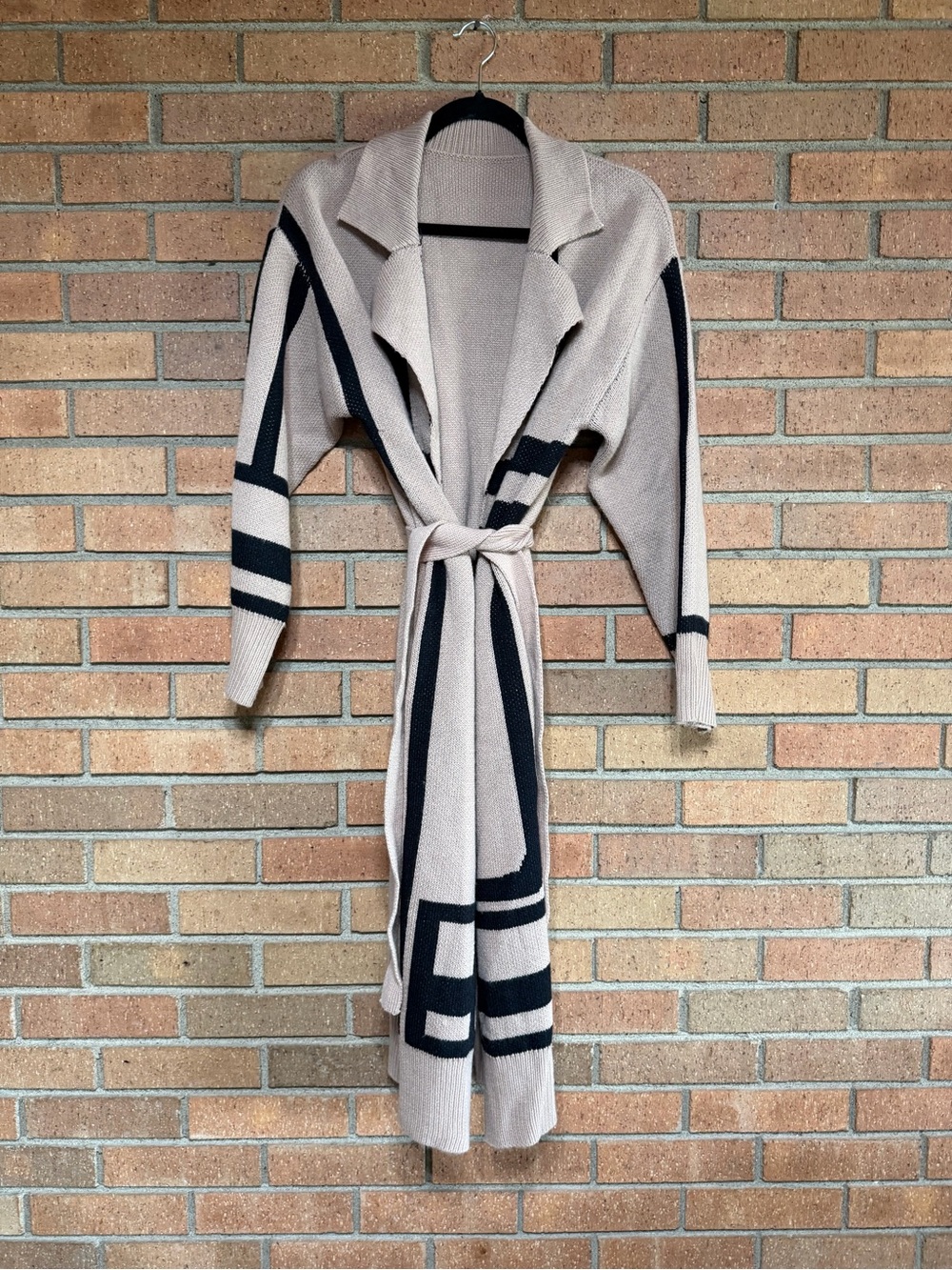 Taupe Long Knit Belted Cardigan with Black Trim - Women Sweater